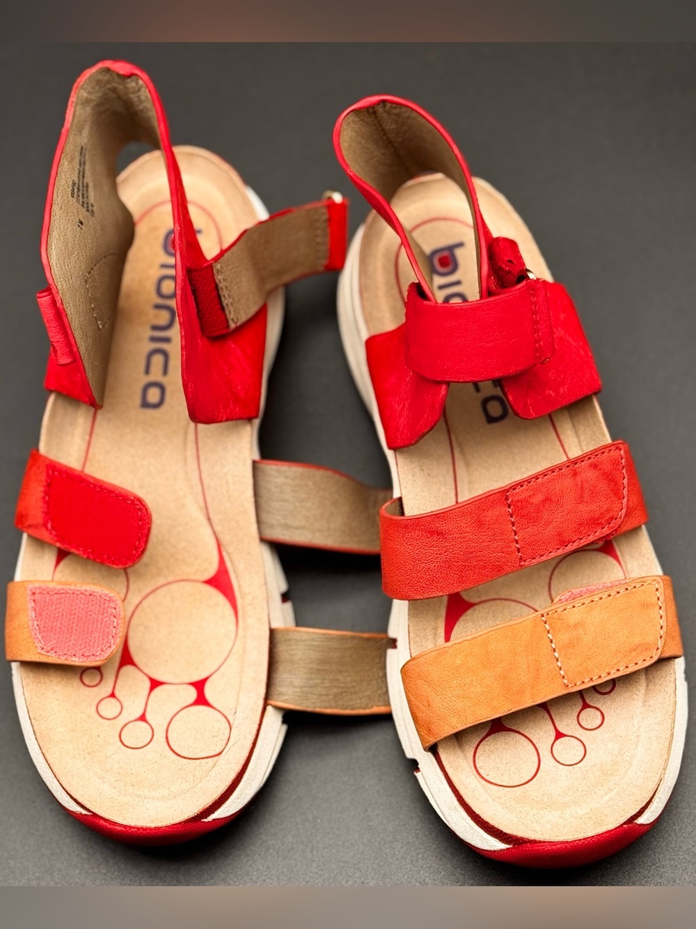 Bionica Women's Tri-Tone Strappy Sandals — Red, Coral, Peach - Picture 2 of 7